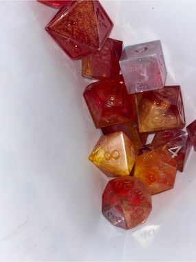 Resin Polyhedral RPG Dice Set in Red, Orange & Gold